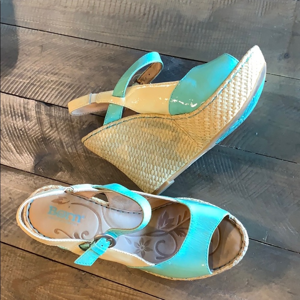 Born Turquoise and Tan Wedges